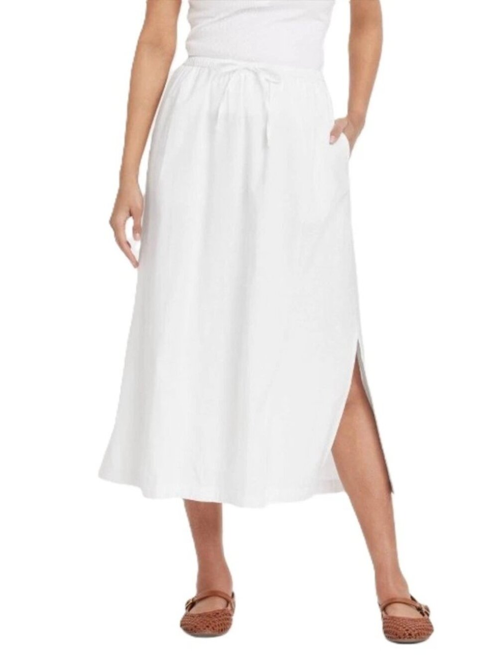Universal Thread White Midi A-Line Skirt with Drawstring Waist and Side Slit